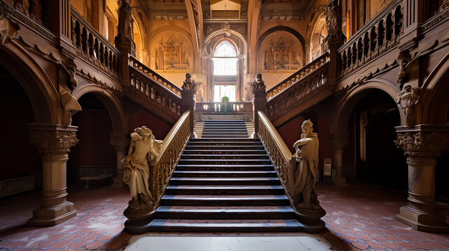 haunted authentic old palace staircase leads to the lobby with dust and rust, created with Generative AI technology
