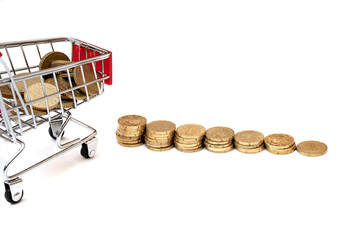 Shopping cart full of coins on white background, shopping concept