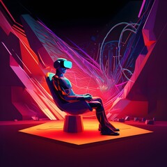 Digital art of young adult wearing VR-headset while sitting in a futuristing gaming chair. Teleporting yourself into virutal reality. The future of gaming.