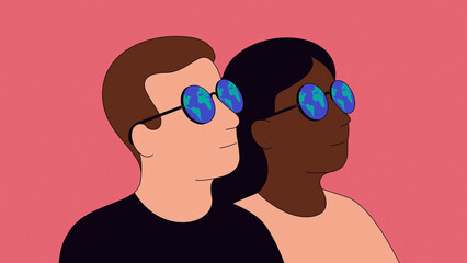 Man and woman looking through world map glasses