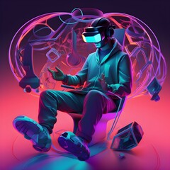 Digital art of young adult wearing VR-headset while sitting in a futuristing gaming chair. Teleporting yourself into virutal reality. The future of gaming.