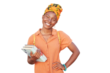 Student, books and smile portrait of a black woman isolated on a transparent, png background. African person happy about education and learning at college, university or academy school in Nigeria