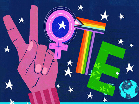 V signs, female symbols, rainbow flag and nature spelling word VOTE