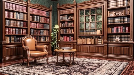 Classical Library Room with a Comfortable Armchair