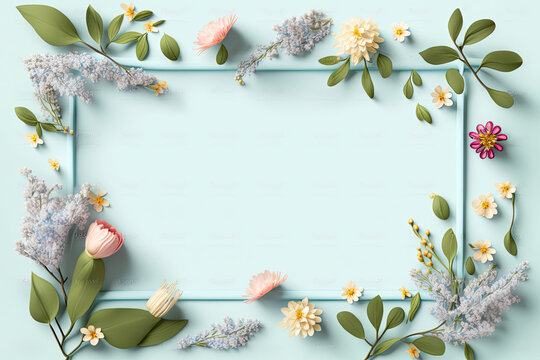 Lay flat photography background of beautiful, decorative, floral borders, flowers, spring time.  Perfect for product placement.