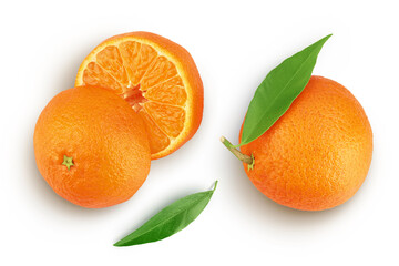 Tangerine or clementine with green leaf isolated on white background with full depth of field. Top view. Flat lay