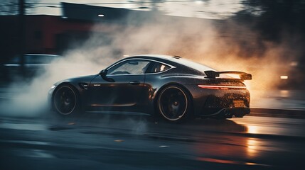 Obraz na płótnie Canvas a black sports car driving down a wet road with smoke coming out of the back of it's exhaust system and a red light behind it. generative ai