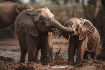 Fototapeta na wymiar a couple of elephants standing next to each other on a dirt field with trees in the background and mud pouring out of the elephants'trunks. generative ai