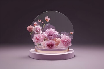 Minimal modern product display on pink background. Stone podium, flowers. Scene stage showcase for beauty product, cosmetic, promotion sale, banner, presentation, advertising. Generative AI