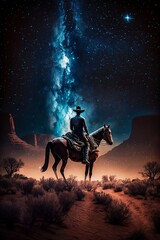 Obraz na płótnie Canvas Cowboy Riding Horse Staring at Milky Way Created by Generative Ai