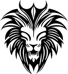 Alien lion head mascot logo in black and white, vector illustration 