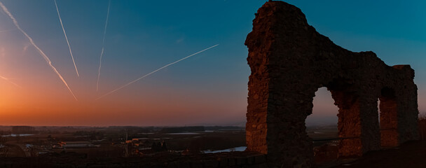 Sunset at castle ruins Winzer, Danube, Deggendorf, Bavaria, Germany