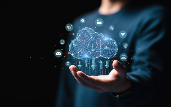 Businessmen used technology cloud computing for data transmission, database, data storage, and backup. Networking and Internet service concept. Futuristic business network concept.