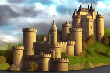 Fototapeta premium A medieval castle on a hill by the water.