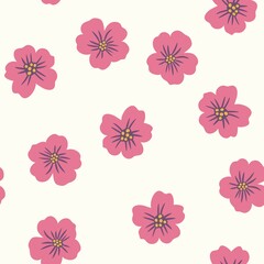 Hand drawn seamless pattern of tiny ditsy flowers. Pink floral print on light pastel ecru background, vintage retro minimalist style, small daisy nature art, spring summer garden five petals.