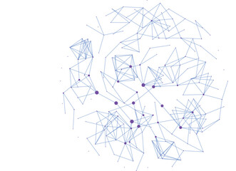 Abstract polygonal communication network, technology wireframe, connected lines and dots, blue and purple globe model background
