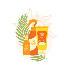 Set of sunscreen product with palm leaf and abstract shape. SPF protection and sun safety concept. SPF sunblock summer products lotion, cream.  Hand drawn vector illustration