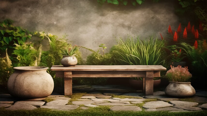 Naklejka premium a colourful green garden with many plants for product presentation and advertising, gerenative AI