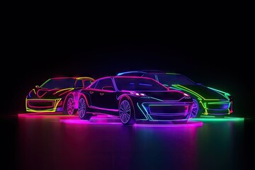 Cars line illustration. Car outline. Dark background. Colorful lines. Dots glowing neon light. Generative ai
