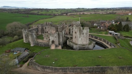 Fototapeta na wymiar Drone view the Raglan Castle in the daylight in Wales