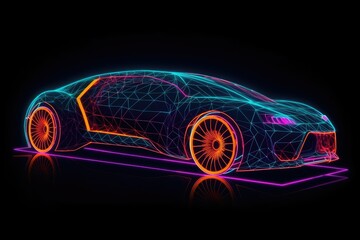Obraz na płótnie Canvas Car line illustration. Car outline. Dark background. Colorful lines. Dots glowing neon light. Generative ai
