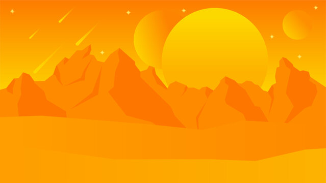 Science fiction landscape vector illustration. Orange yellow desert planet landscape space view. Fiction galaxy of desert mountain. Science fiction vector for background, wallpaper or illustration