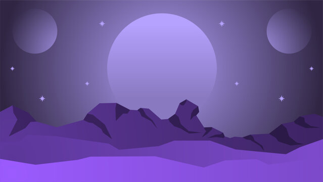 Science fiction landscape vector illustration. Purple planet landscape illustration. Purple galaxy surface mountain. Science fiction vector for background, wallpaper or illustration. Moon planet 