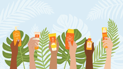 Diverse female hands hold sunscreen products. SPF protection and sun safety concept. Set of sunscreen bottle, cream, lotion with monstera. Hand drawn vector illustration - obrazy, fototapety, plakaty