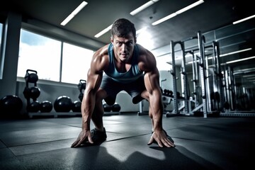 Naklejka na ściany i meble A man doing push ups in a gym. AI generative image.