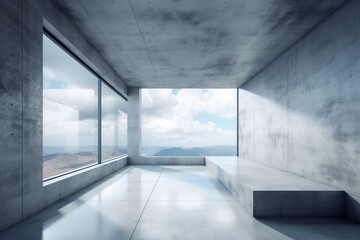 Abstract concrete 3d interior with cloudy sky. Generative AI