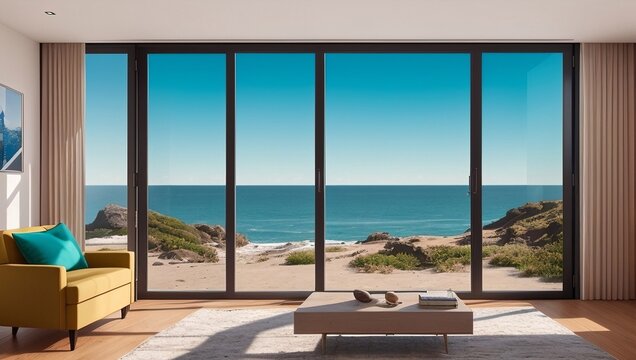 Fototapeta Living room with a view of the ocean, generative ai