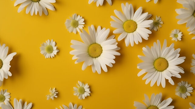 Daisies. spring. Daisy floral patterns, top view, yellow background. made with ai