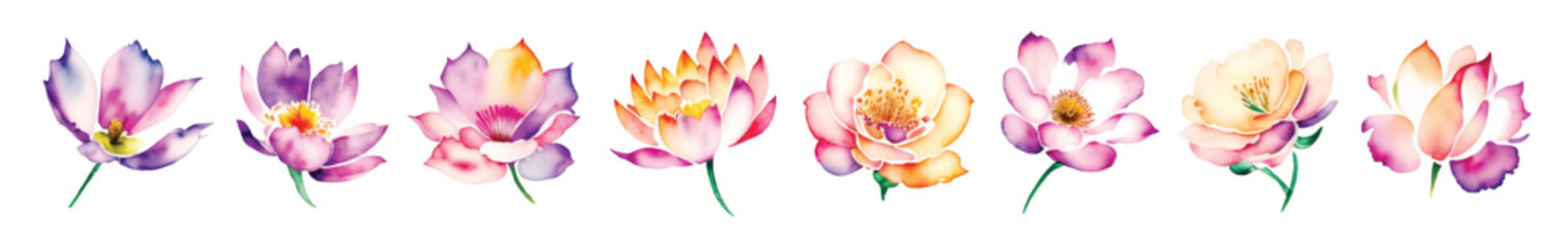 Fototapeta na wymiar Set of watercolor flowers, vector illustration for decoration. AI generated 