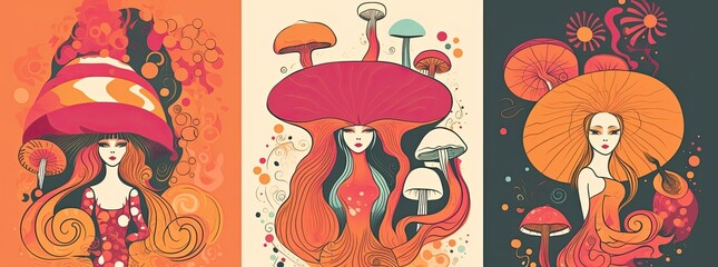 Female figure with a mushroom-shaped hat. Fashion in the nature. Generative AI