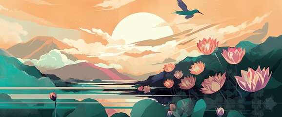 Colorful and luxury landscape with oriental birds flying on the sea. Pink tones. Generative AI