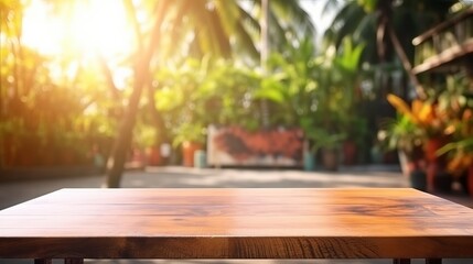 Empty Wooden Table on Sunny Blurred Tropical Bar