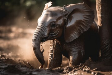  a baby elephant is playing in the mud with it's trunk and trunk up to the ground while it's mother is walking behind it.  generative ai