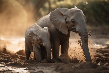 Fototapeta na wymiar a baby elephant standing next to an adult elephant on a dirt field in the sun with its trunk in the air and it's trunk in the air. generative ai
