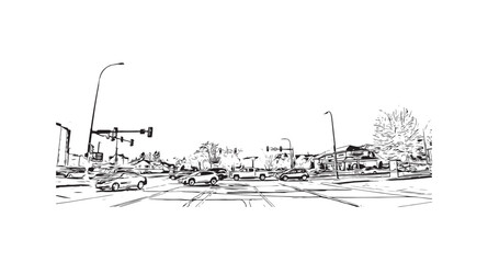 Building view with landmark of Rapid is the city in South Dakota. Hand drawn sketch illustration in vector.