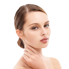 Portrait, face skincare and beauty of woman isolated on a transparent png background. Natural, makeup cosmetics and serious female model with healthy, glowing or flawless skin after facial treatment
