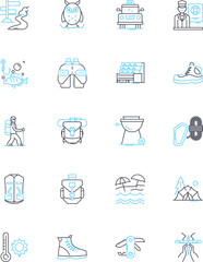 Excursions linear icons set. Adventure, Discovery, Exploration, Outdoors, Safari, Trekking, Escapade line vector and concept signs. Safari,Expedition,Journey outline illustrations