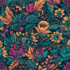 Fotobehang Beautiful elegant leaves and flower seamless pattern, created with generative AI © MiraCle72