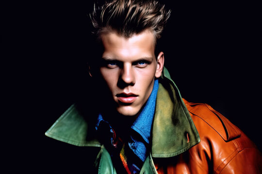 Retro fashion portrait of a blonde male model looking at the camera, wearing a multicolored jacket. Studio shot on a high contrast black background