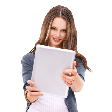 Woman, tablet selfie and smile for video call with technology, internet and communication. Tech, web and girl with device, social media and app for conversation isolated on transparent png background