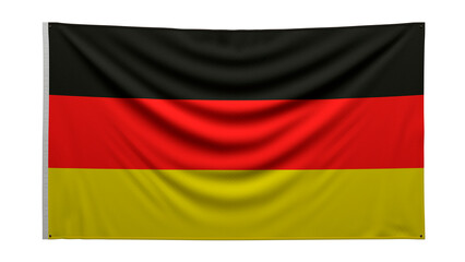 Textured flag. The flag of Germany hangs on the wall. Texture of dense fabric. The flag is pinned to the wall. 
German flag on a transparent background.
