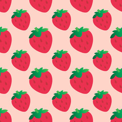  Cute strawberry seamless pattern.Pattern with sweet red strawberry with a stem on white background. Healthy vegetarian food