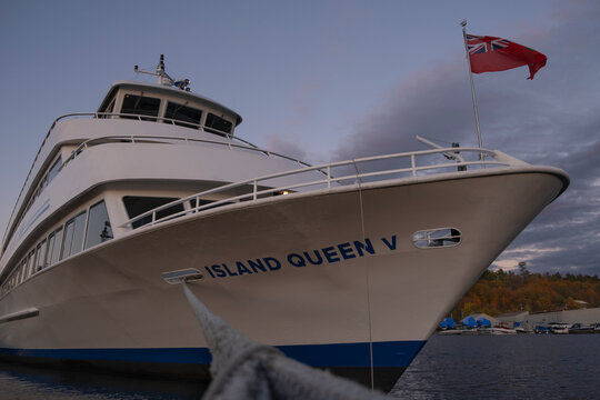 Cruise ship Island Queen V at waterfront after arrival from Georgian Bay 30,000 Islands tour, Parry Sound, Ontario, Canada.