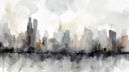 A cityscape background with watercolor splatters in shades of gray and black.

