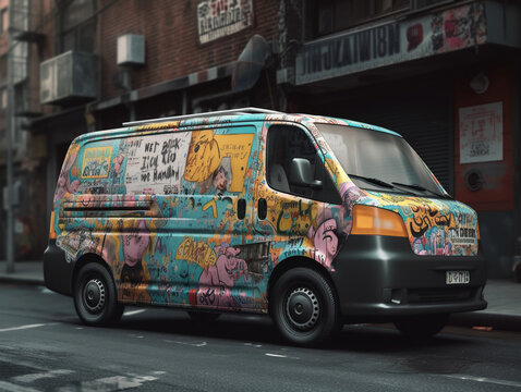 A Van Covered in Graffiti Parked on a City Street | Generative AI
