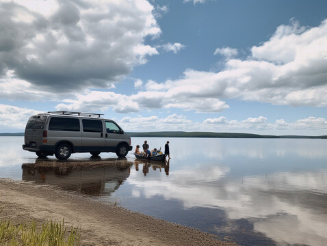 A Van Parked by a Lake with a Family in a Canoe | Generative AI